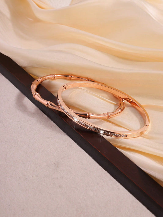 2 Pcs Stylish And Exquisite Stainless Steel Single Row Drill +Slubby Bangle Bracelet