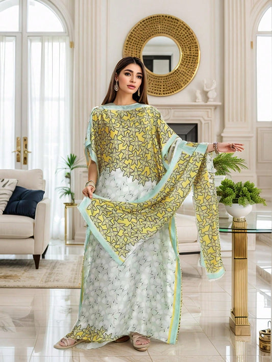 Printed Fashion Dress Kaftan With Headscarf
