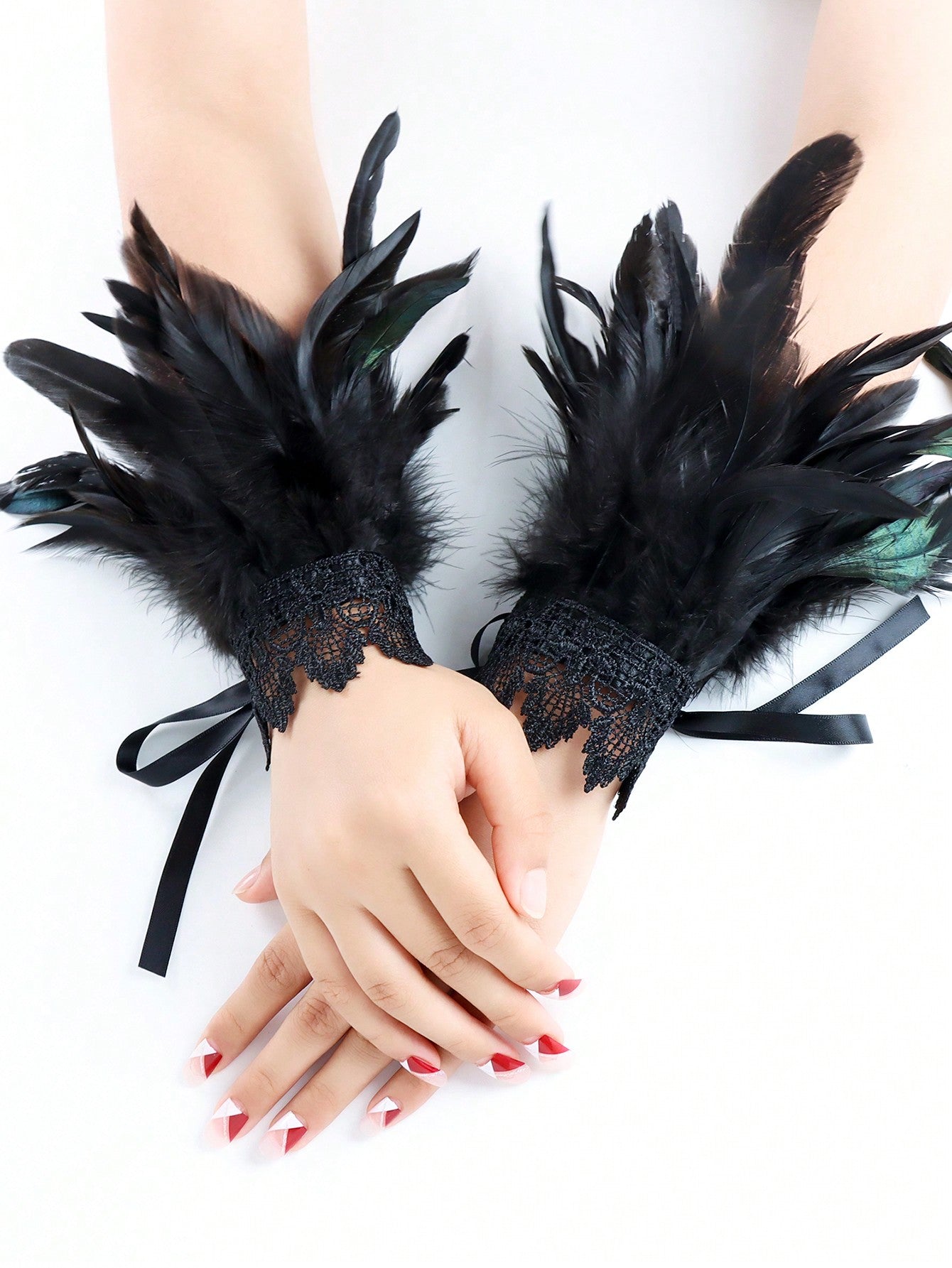 2pcs Black Lace Floral Sleeve Cuffs With Lace Strap