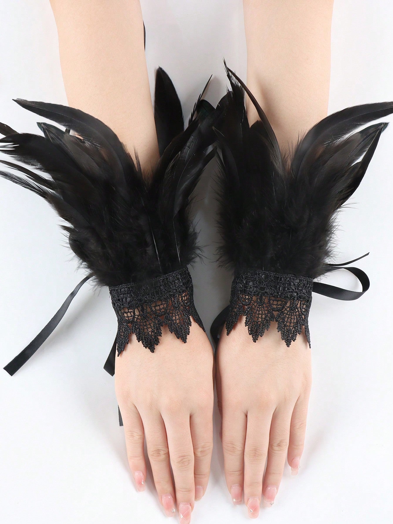 2pcs Black Lace Floral Sleeve Cuffs With Lace Strap