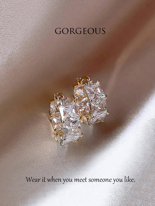 Copper Plated Cubic Zirconia Geometric Round Shiny Luxury Design Hoop Earrings