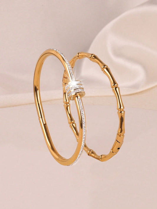 2 Pcs Stylish And Exquisite Stainless Steel Single Row Drill +Slubby Bangle Bracelet