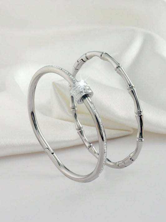 2 Pcs Stylish And Exquisite Stainless Steel Single Row Drill +Slubby Bangle Bracelet