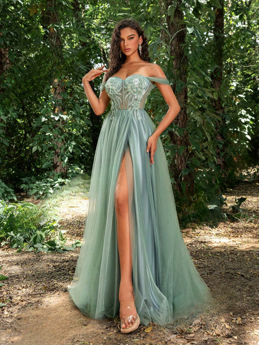 Off Shoulder Slit Evening Dress