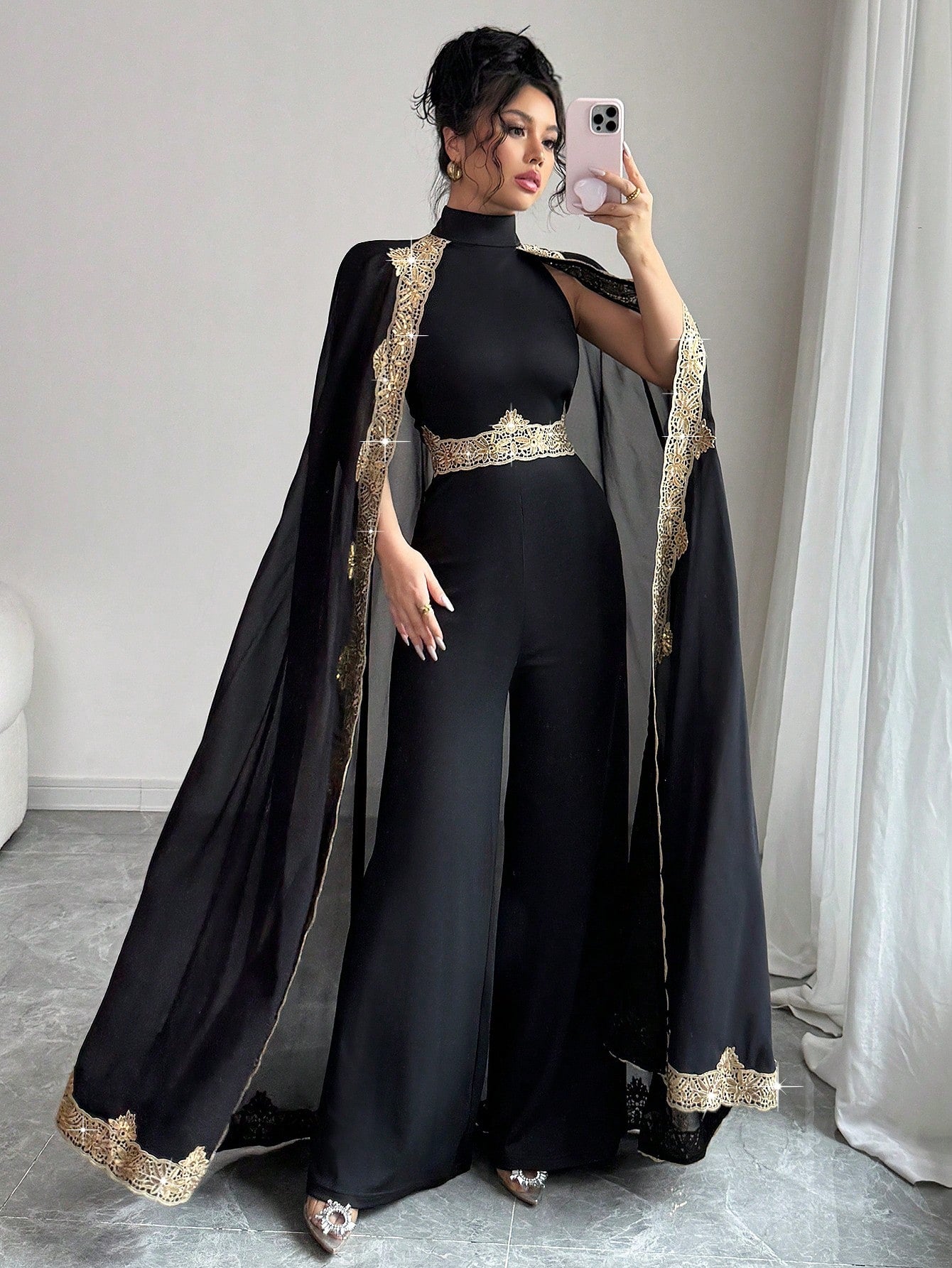 Sequin Patchwork Stand Collar Slit Elegant Jumpsuit
