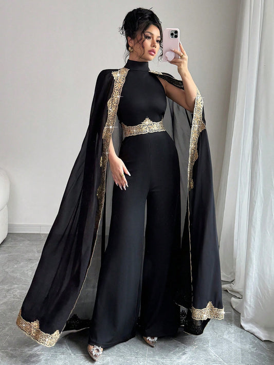 Sequin Patchwork Stand Collar Slit Elegant Jumpsuit