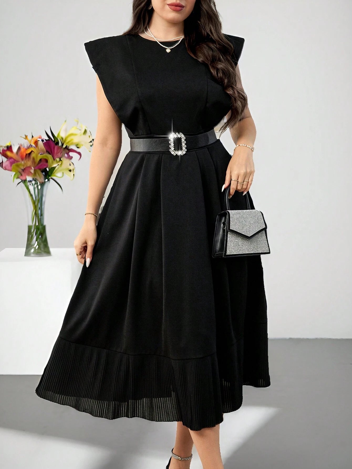 Plus Elegant Solid Color Wide Shoulder & Waist Cinching Long Dress Belt not included