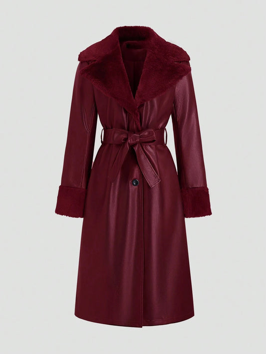 Fluffy PU Leather Splicing Trench Coat