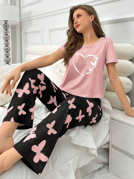 Round Neck Short Sleeve Heart Plaid Pajama Set