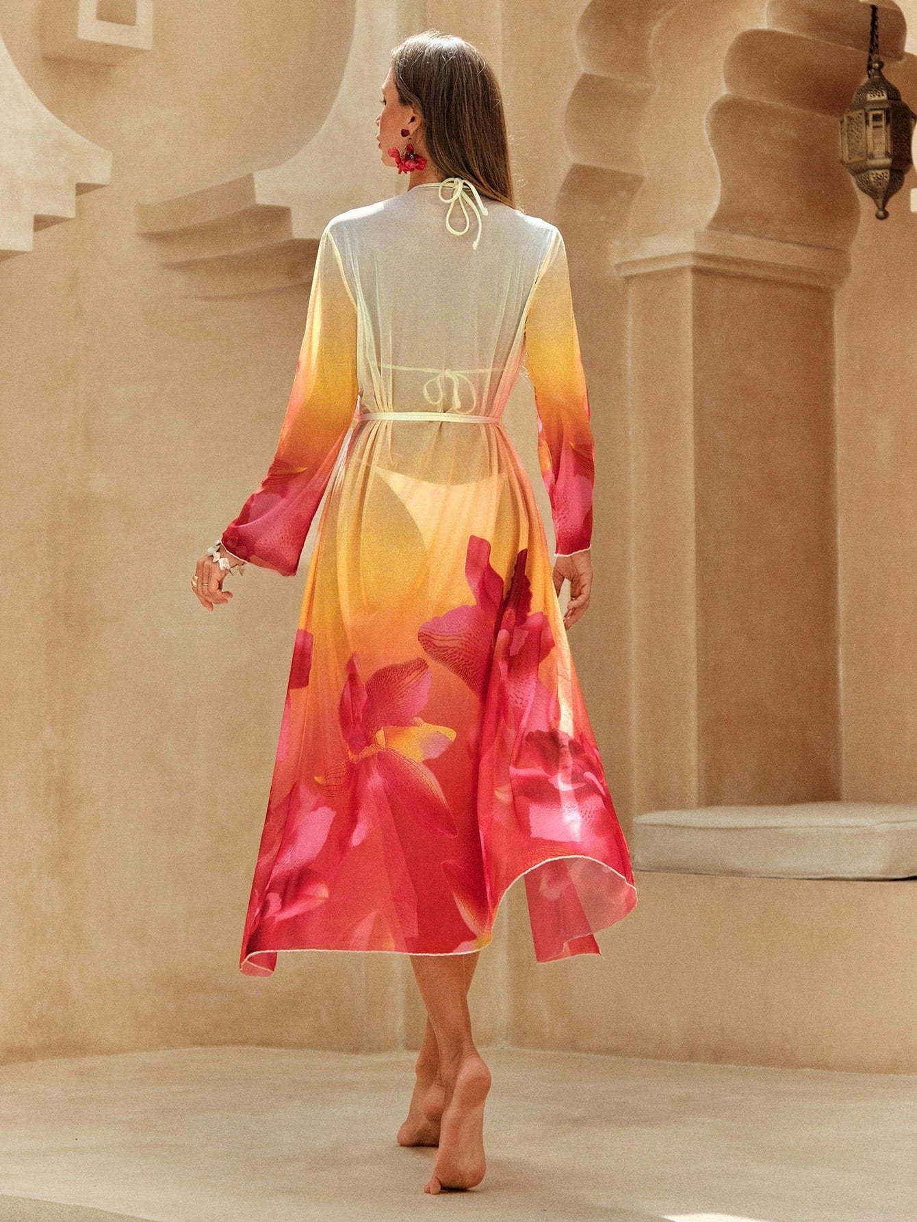 Gradient Floral Print Chiffon Beach Cover Up