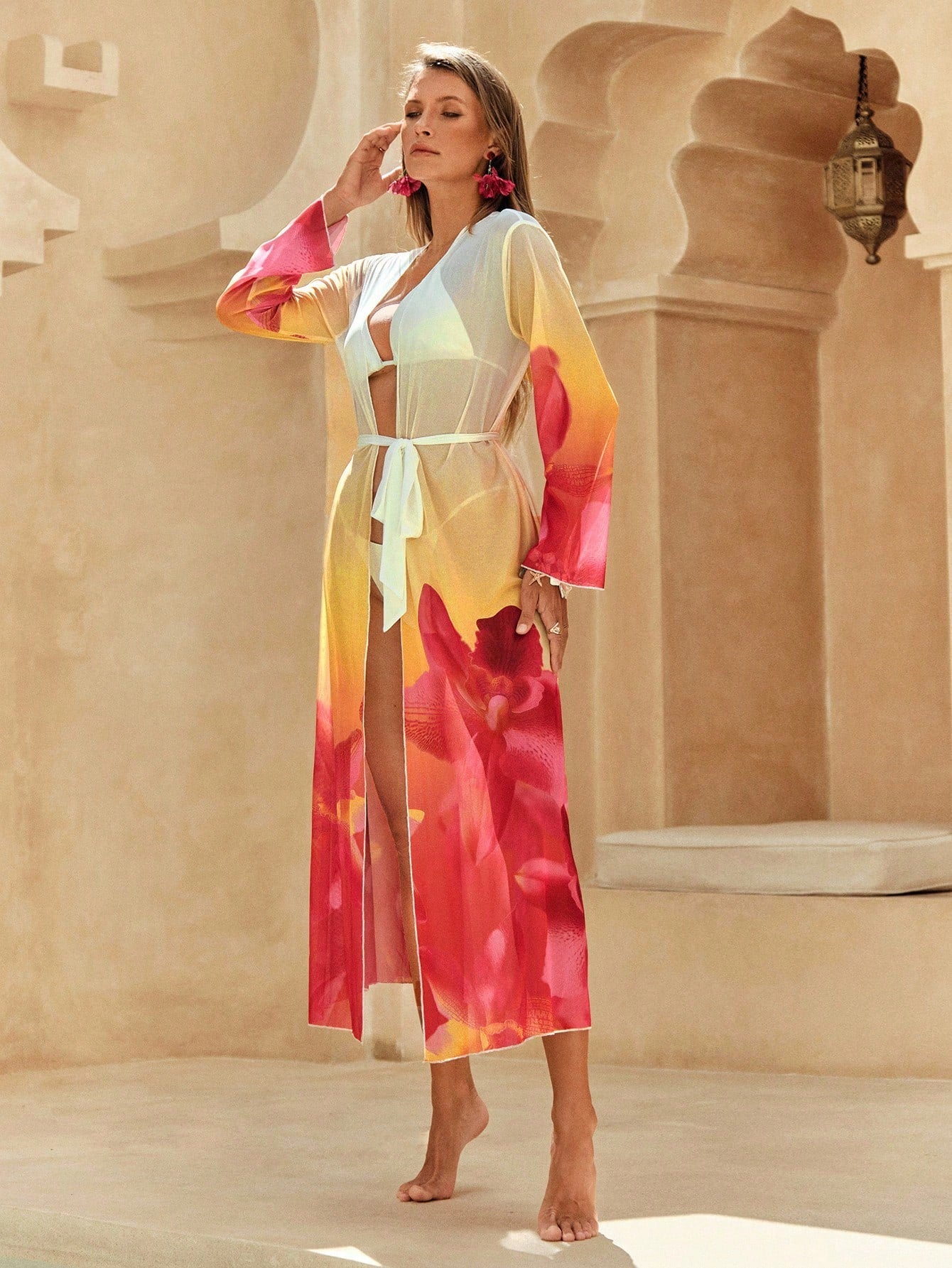 Gradient Floral Print Chiffon Beach Cover Up