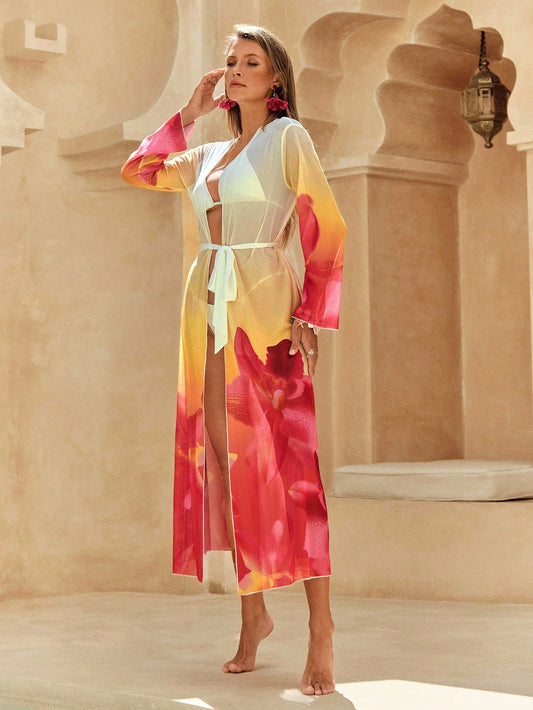 Gradient Floral Print Chiffon Beach Cover Up