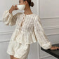 Balloon Sleeve Shirt and Shorts Two-Piece Casual Set