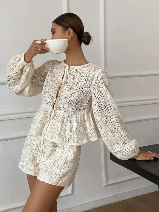 Balloon Sleeve Shirt and Shorts Two-Piece Casual Set