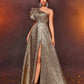 Golden Jacquard Satin One-Shoulder Ruffle Sleeves Large Hem High Slit Evening Dress