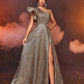 Golden Jacquard Satin One-Shoulder Ruffle Sleeves Large Hem High Slit Evening Dress