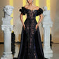 Off-Shoulder Sleeve 3D Floral Ruffle Trim Sequin Patchwork Satin Maxi Fishtail Evening Dress