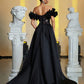 Off-Shoulder Sleeve 3D Floral Ruffle Trim Sequin Patchwork Satin Maxi Fishtail Evening Dress