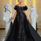 Off-Shoulder Sleeve 3D Floral Ruffle Trim Sequin Patchwork Satin Maxi Fishtail Evening Dress