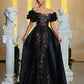 Off-Shoulder Sleeve 3D Floral Ruffle Trim Sequin Patchwork Satin Maxi Fishtail Evening Dress