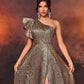 Golden Jacquard Satin One-Shoulder Ruffle Sleeves Large Hem High Slit Evening Dress