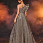 Golden Jacquard Satin One-Shoulder Ruffle Sleeves Large Hem High Slit Evening Dress