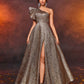 Golden Jacquard Satin One-Shoulder Ruffle Sleeves Large Hem High Slit Evening Dress