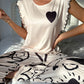 Heart Print Ruffle Trim Crew Neck Top And Pants Pajama Set