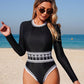 Round Neck Long Sleeve Zipper Swimsuit + Swim Trunks + Tie-Waist Mesh Skirt - 3 Piece Swimwear Set
