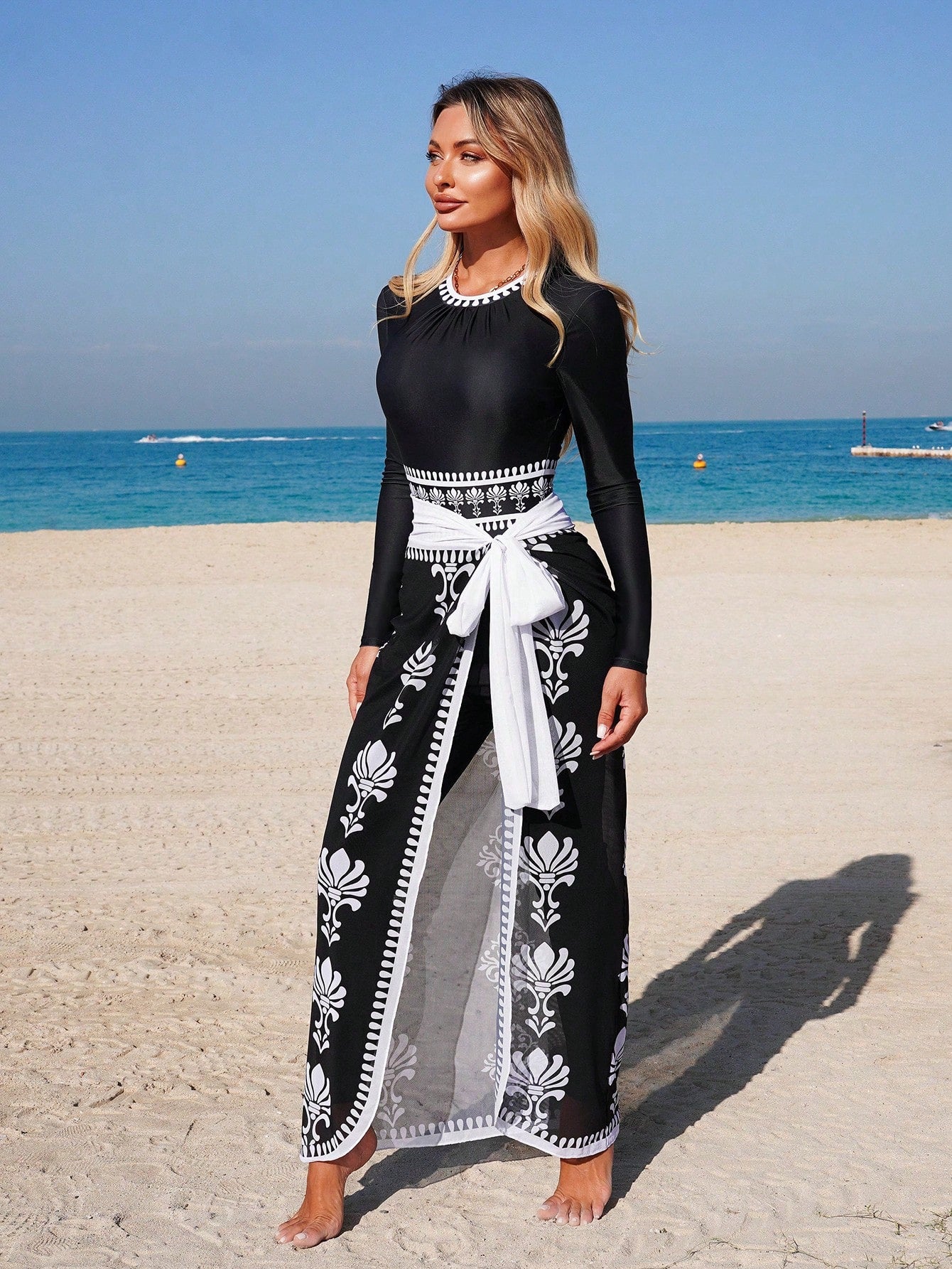 Round Neck Long Sleeve Zipper Swimsuit + Swim Trunks + Tie-Waist Mesh Skirt - 3 Piece Swimwear Set