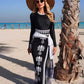 Round Neck Long Sleeve Zipper Swimsuit + Swim Trunks + Tie-Waist Mesh Skirt - 3 Piece Swimwear Set