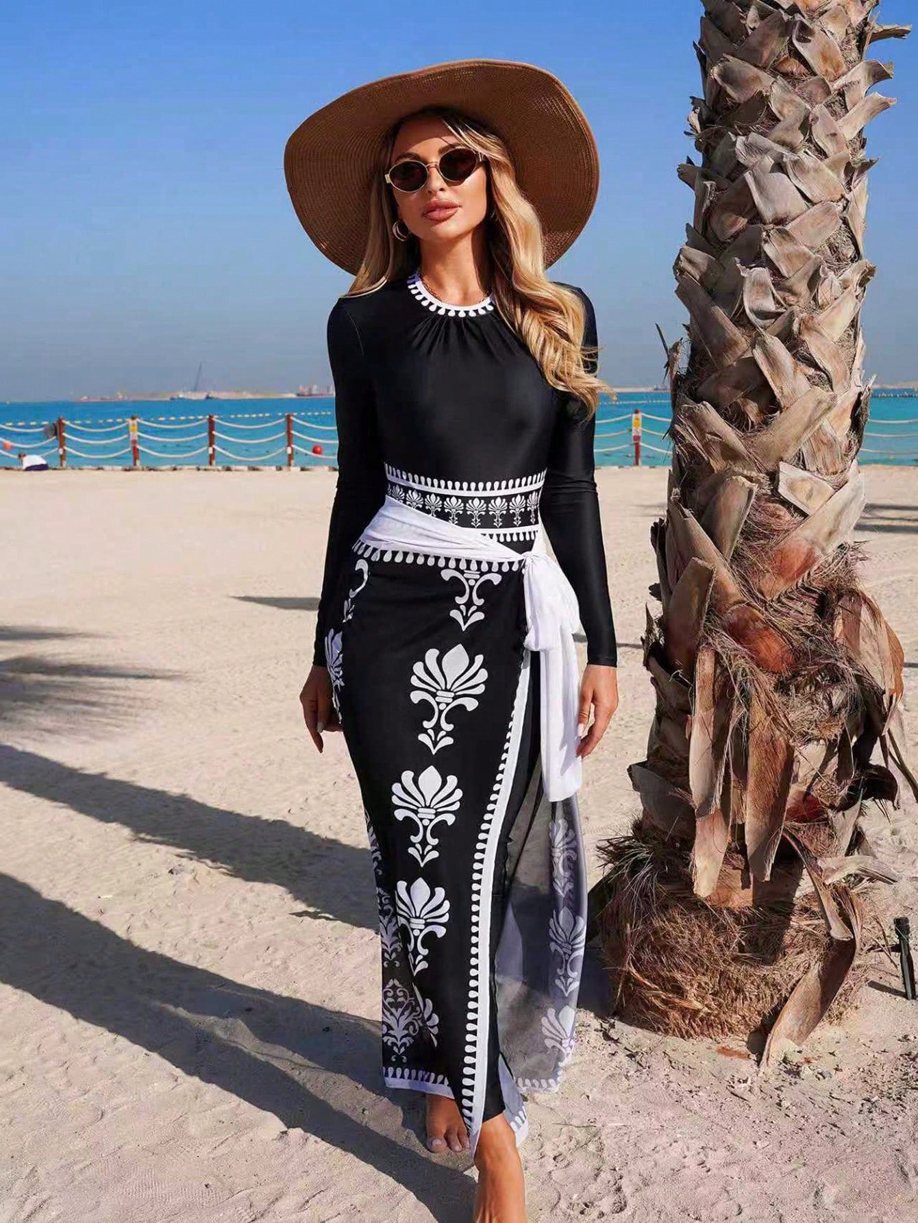 Round Neck Long Sleeve Zipper Swimsuit + Swim Trunks + Tie-Waist Mesh Skirt - 3 Piece Swimwear Set