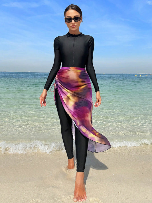 Long Sleeve One-Piece Swimsuit With Cover Up Skirt