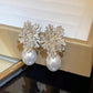 Gold Super Flash Light Luxury Diamond Flower Pearl Earrings