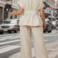 Plus V-Neck Cardigan with Belt & High-Waisted Straight-Leg Flare Pants Set