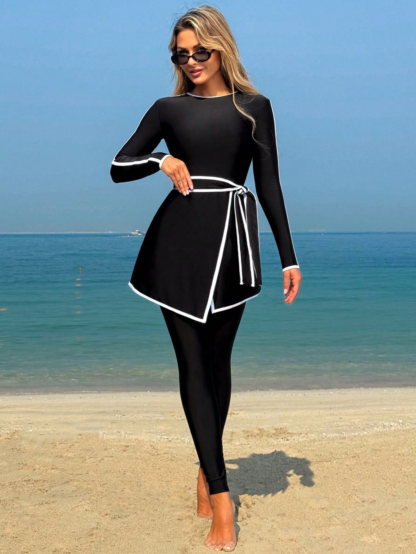 Contrast Binding Long Sleeve Modest Elegant Swimwear Set