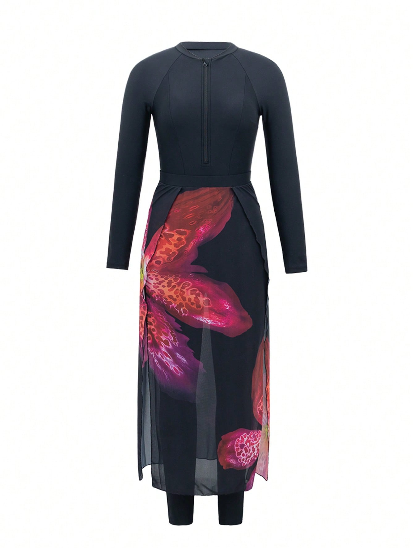 Modest Burkini 3 Pc Long Sleeve Top, Long Pants, Lotus Flower Wrap Skirt, Swimwear Set