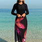 Modest Burkini 3 Pc Long Sleeve Top, Long Pants, Lotus Flower Wrap Skirt, Swimwear Set