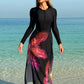 Modest Burkini 3 Pc Long Sleeve Top, Long Pants, Lotus Flower Wrap Skirt, Swimwear Set