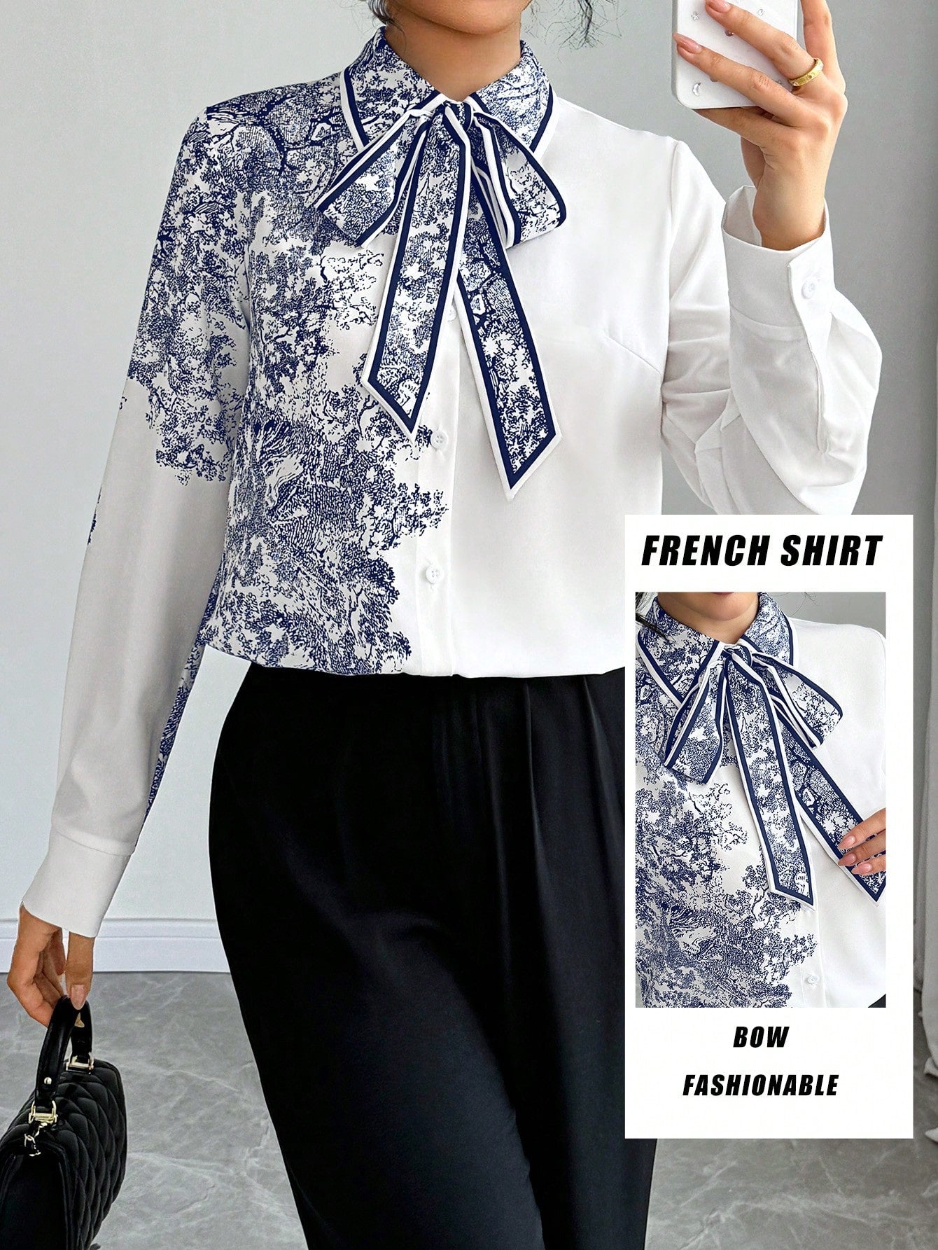 Floral Print Tie Collar Long Sleeve Elegant Blouse