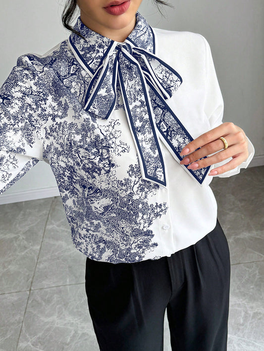 Floral Print Tie Collar Long Sleeve Elegant Blouse