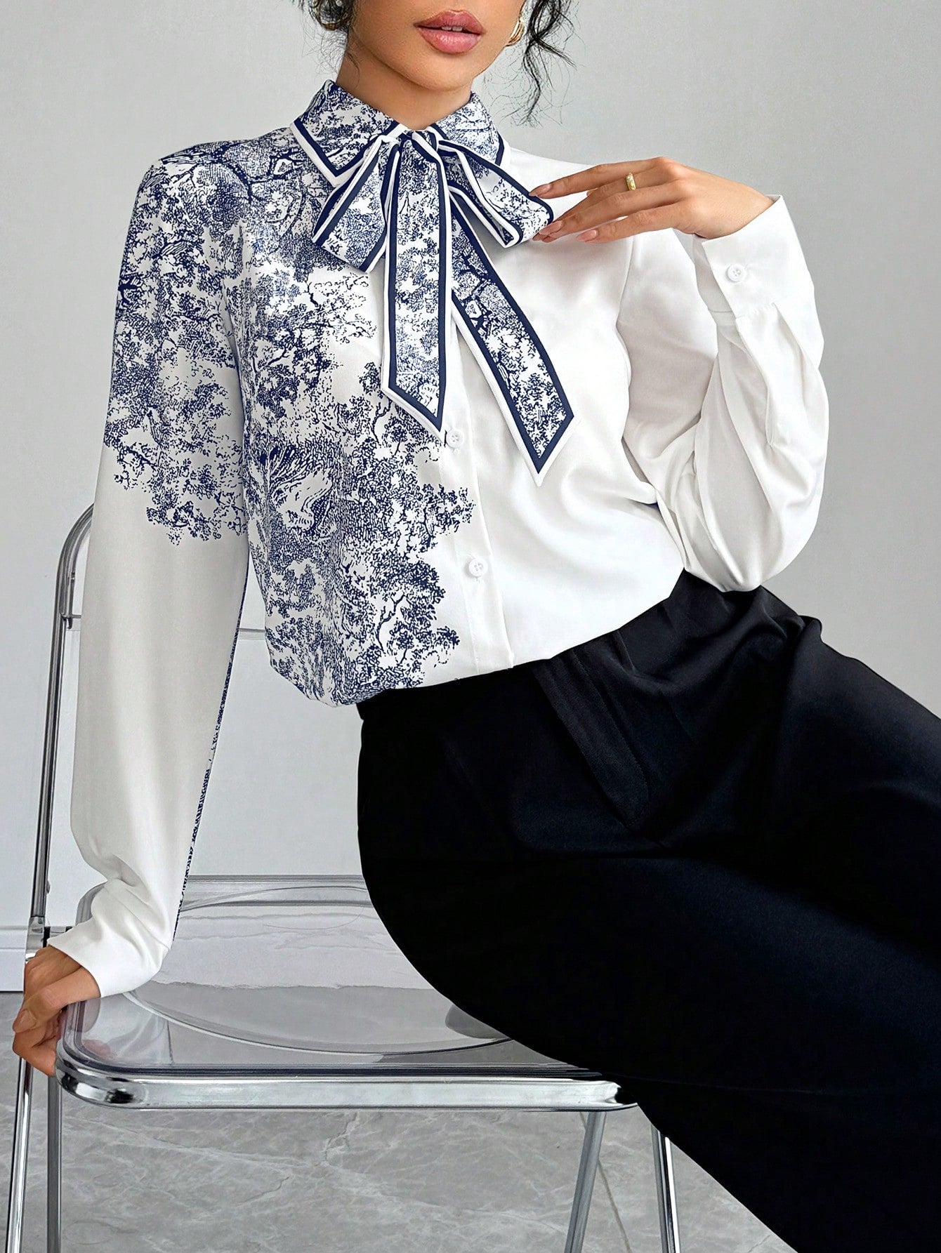 Floral Print Tie Collar Long Sleeve Elegant Blouse