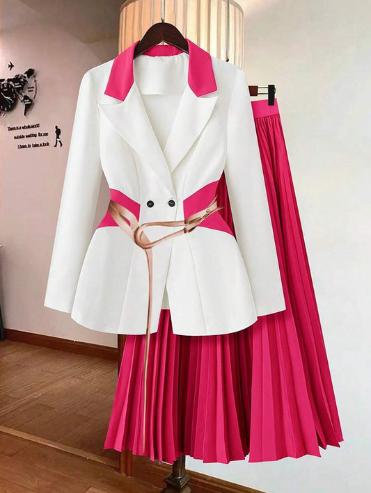Contrast Color Splice Jacket n Pleated Skirt Suit Set