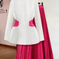 Contrast Color Splice Jacket n Pleated Skirt Suit Set