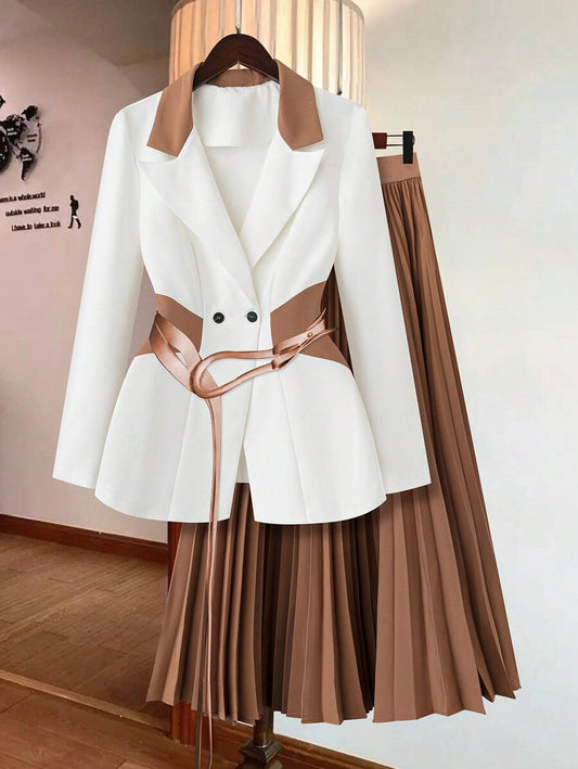 Contrast Color Splice Jacket n Pleated Skirt Suit Set