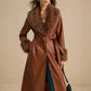 Brown Fluffy Collar PU Leather Long Trench Coat Jacket