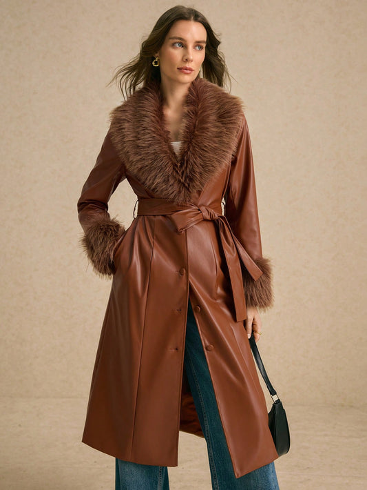 Brown Fluffy Collar PU Leather Long Trench Coat