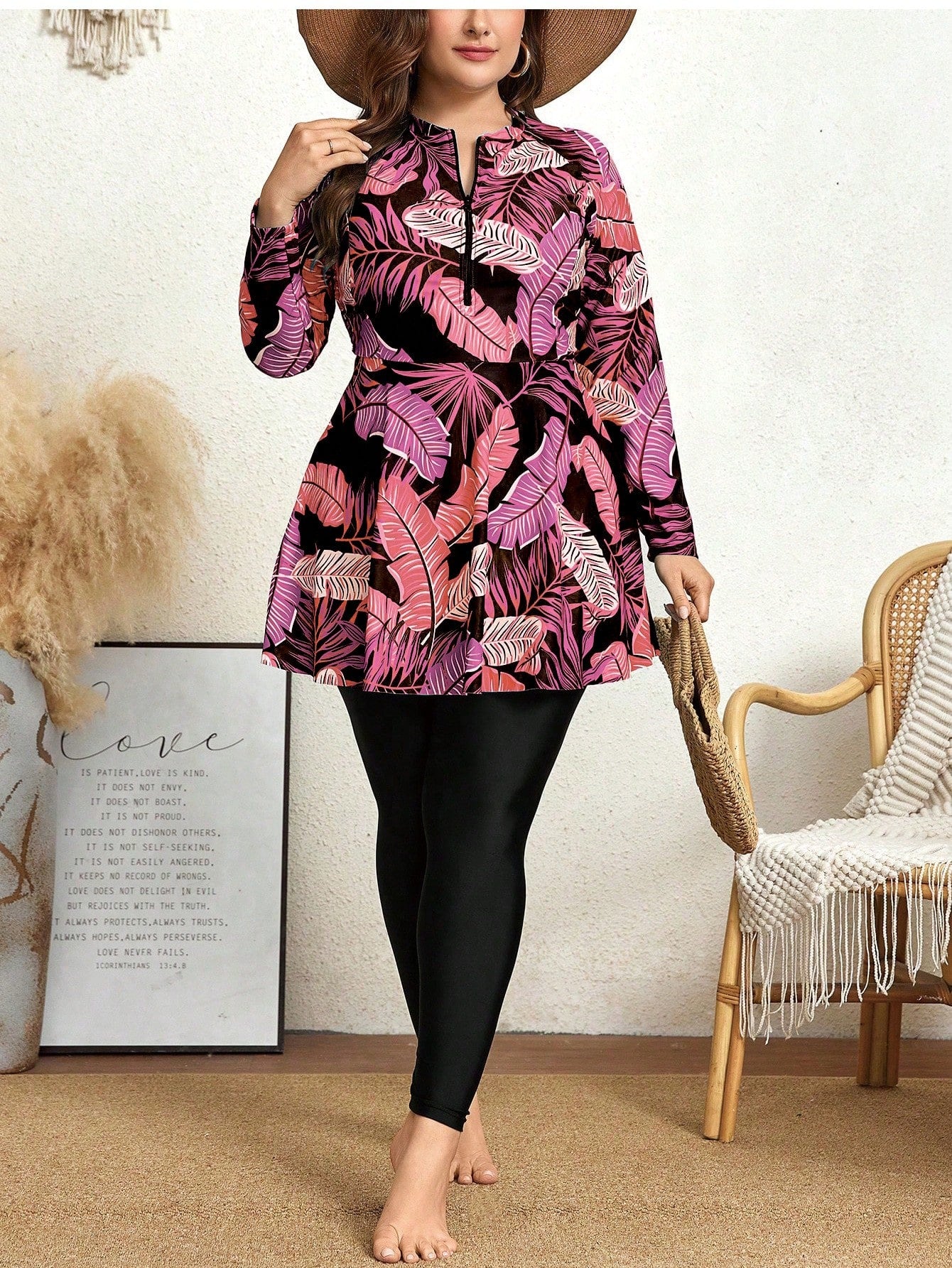 Plus Size Women Printed Long Sleeve Crew Neck Zip-Up 2pc Modest Swimwear