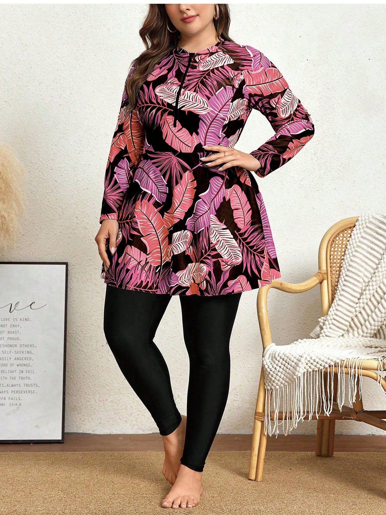 Plus Size Women Printed Long Sleeve Crew Neck Zip-Up 2pc Modest Swimwear