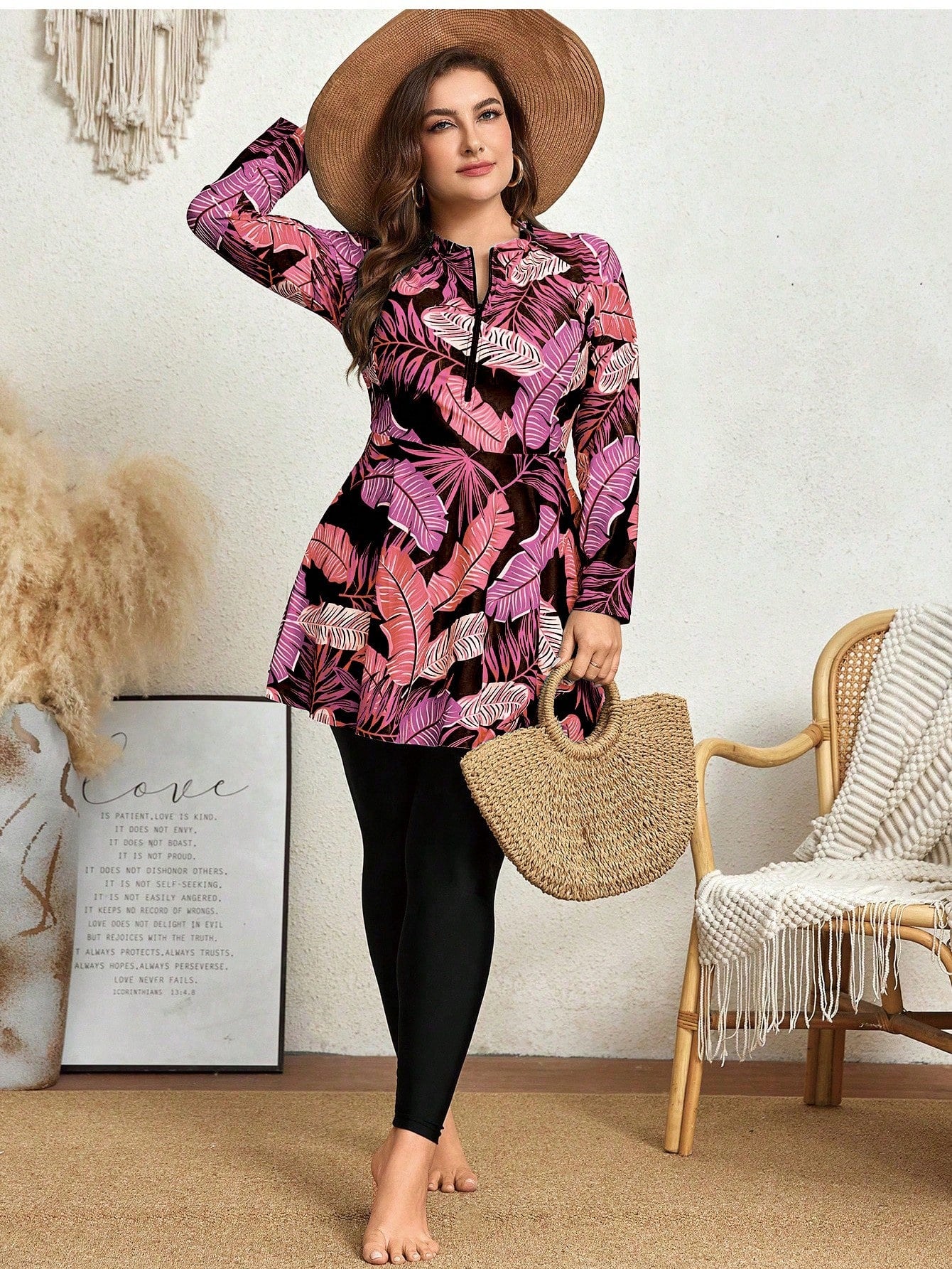 Plus Size Women Printed Long Sleeve Crew Neck Zip-Up 2pc Modest Swimwear